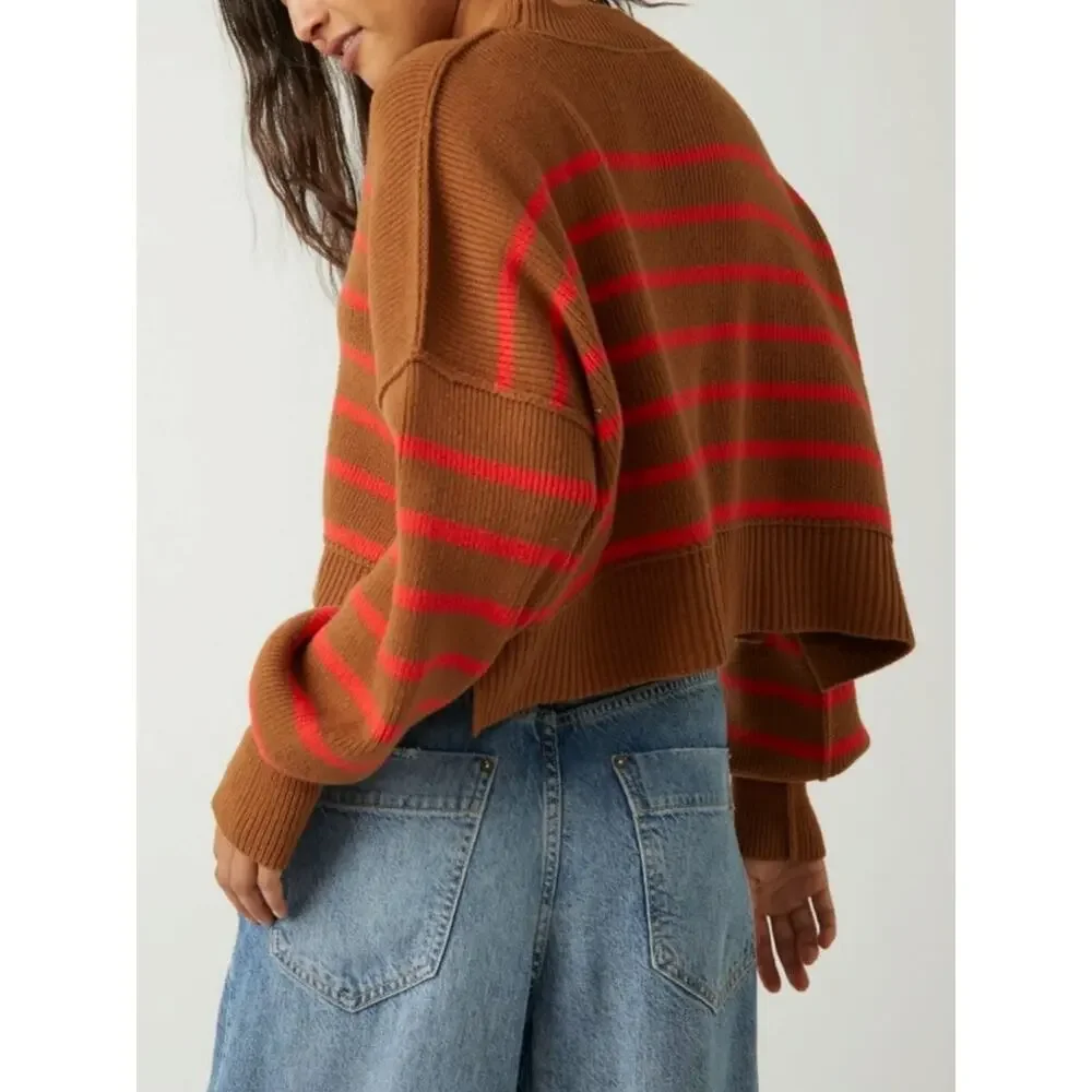 Free People Easy Street Stripe Crop Pullover Sweater Brown Orange Medium